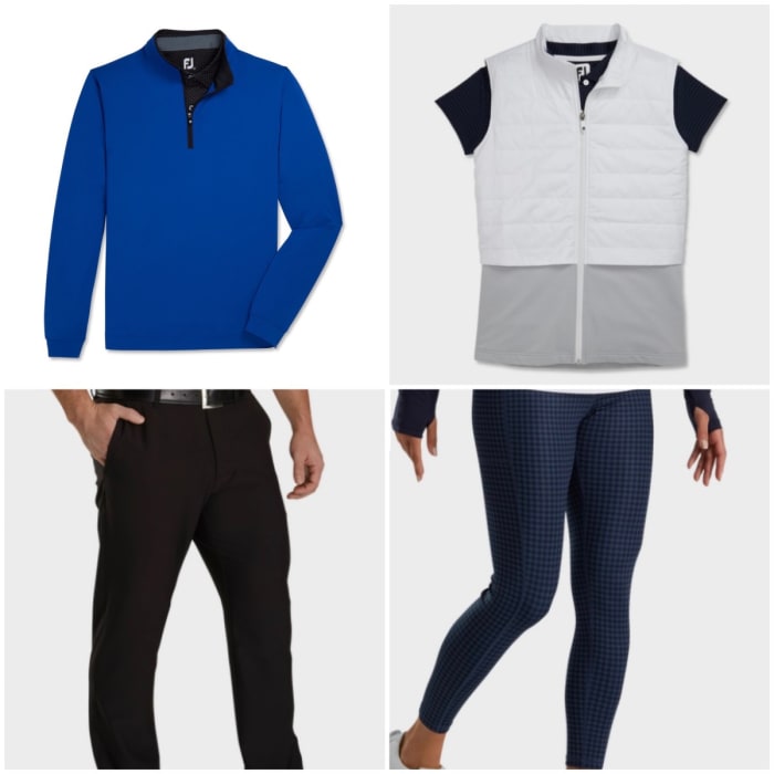 FootJoy's mid-layer paired with pants is a sharp look, while the insulated vest with leggings is a sporty look for women.